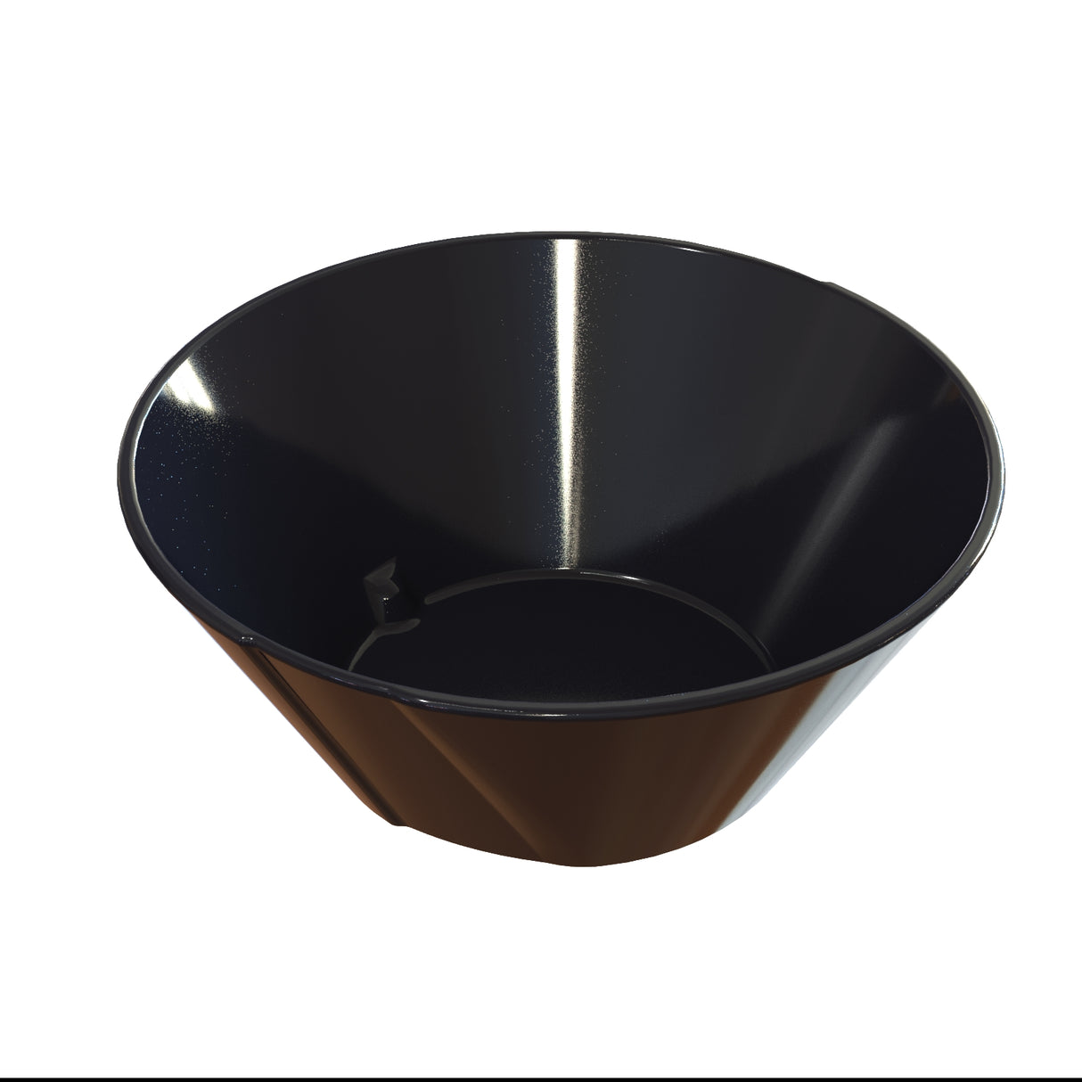 A glossy black, empty, conical cast aluminum bowl with smooth sides and a wide rim, placed against a plain white background. The surface reflects light, giving it a shiny appearance. The bowl is dishwasher safe and has no visible markings or designs.