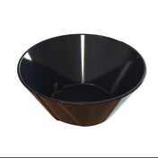 A glossy black, empty, conical cast aluminum bowl with smooth sides and a wide rim, placed against a plain white background. The surface reflects light, giving it a shiny appearance. The bowl is dishwasher safe and has no visible markings or designs.