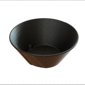 A black, round, temperature resistant bowl with a wide opening and slightly textured surface sits on a white background. The conical shape features angled sides and a flat, circular base, making it both stylish and practical.