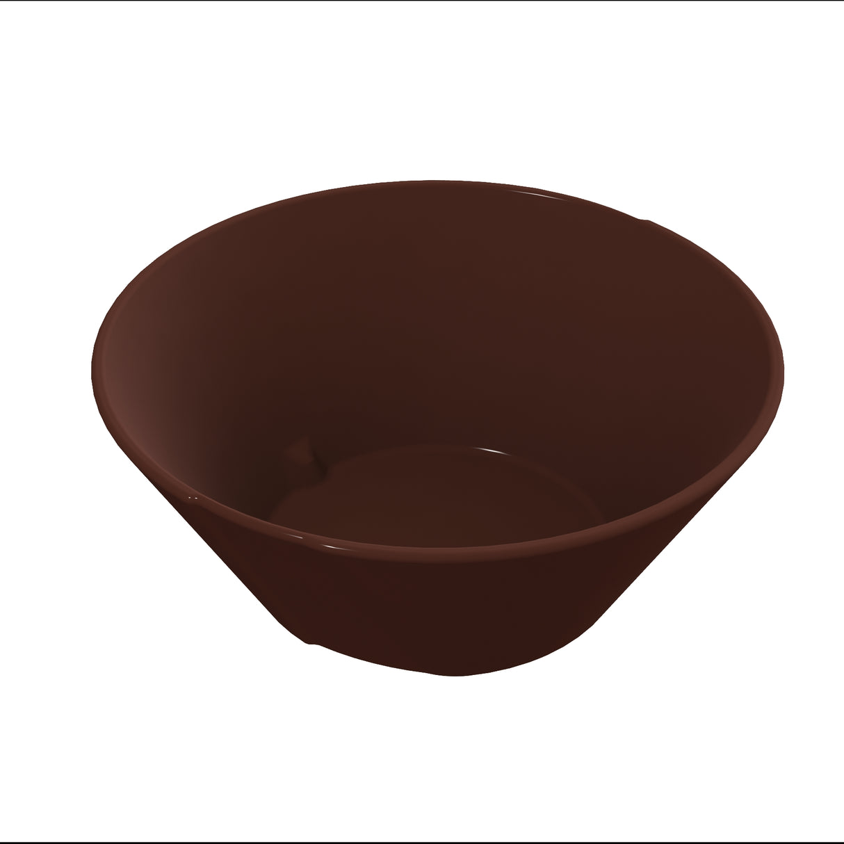 A plain, brown, Duracoat coated cast aluminum bowl with smooth sides and a slightly flared rim is shown on a white background. Empty and unadorned, the lighting highlights its shiny, durable texture.