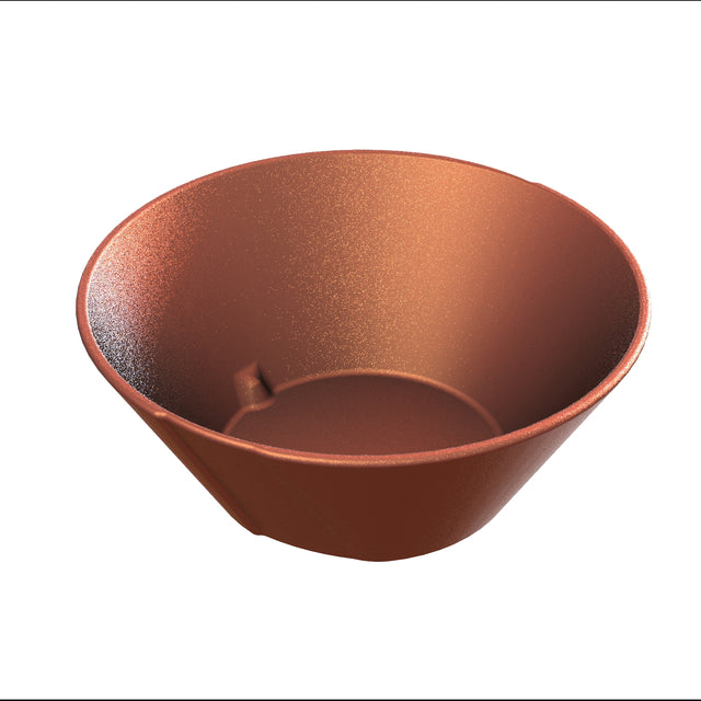 A reddish-brown, round Bowl with a wide rim and tapered sides, featuring a copper finish Duracoat coated cast aluminum exterior, rests empty on a white background. The bowl has a smooth interior and a slightly textured exterior surface.