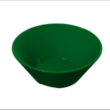 A plain, deep green plastic bowl with smooth sides and a glossy finish is shown centered on a white background. This dishwasher safe bowl is empty and viewed from a slightly elevated angle, revealing its rounded interior and wide open top.