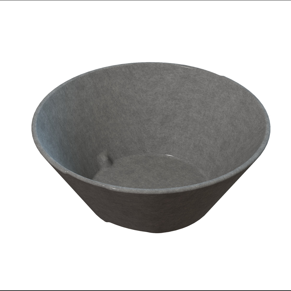 A gray, round, wide-rimmed bowl with a smooth texture and gently sloping sides is shown on a white background. This granite finish bowl appears to be made of stone or ceramic material with a flat base.