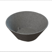 A gray, round, wide-rimmed bowl with a smooth texture and gently sloping sides is shown on a white background. This granite finish bowl appears to be made of stone or ceramic material with a flat base.