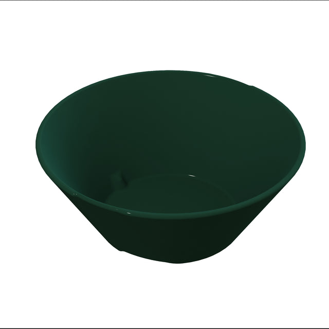 A dark green, round plastic bowl with a smooth surface and slightly flared sides, photographed against a plain white background. This bowl is dishwasher safe, empty, and its interior is visible.