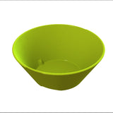 A bright lime green plastic bowl is shown against a white background. The bowl has smooth sides, a round base, and a shiny surface. The interior is completely empty, and the image is taken from an angle above and slightly to the side.