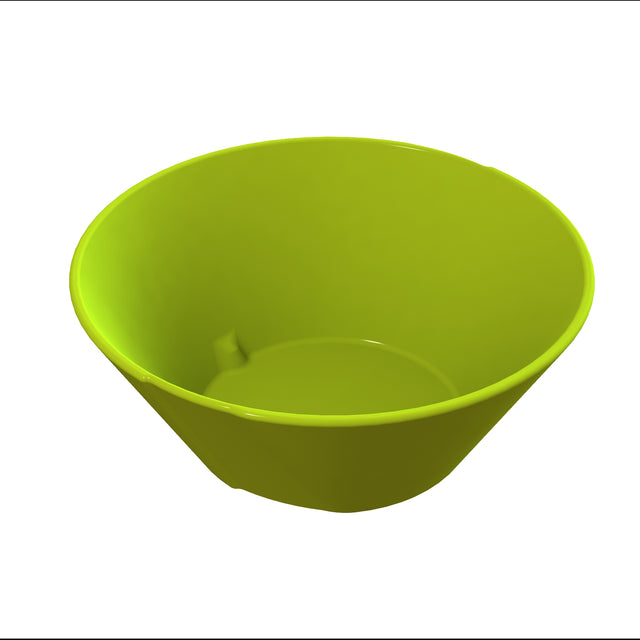 A bright lime green plastic bowl is shown against a white background. The bowl has smooth sides, a round base, and a shiny surface. The interior is completely empty, and the image is taken from an angle above and slightly to the side.