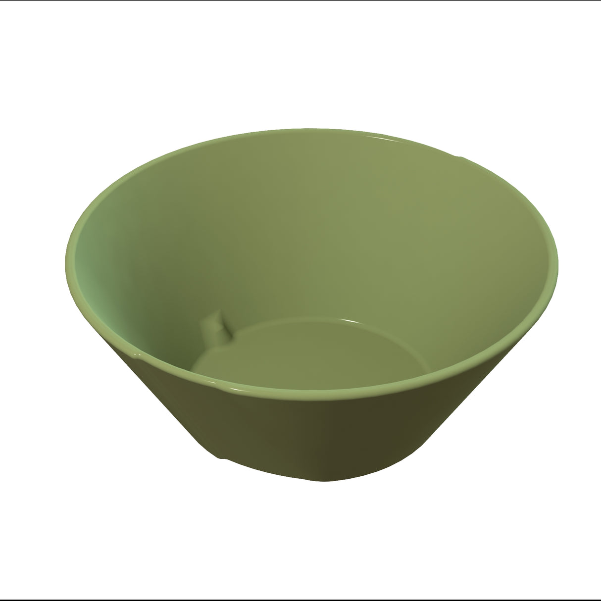 A green, round, plastic bowl with smooth sides and a matte finish, shown from a slightly elevated angle on a white background. This dishwasher safe bowl features a plain interior and exterior, with no patterns or decorations.