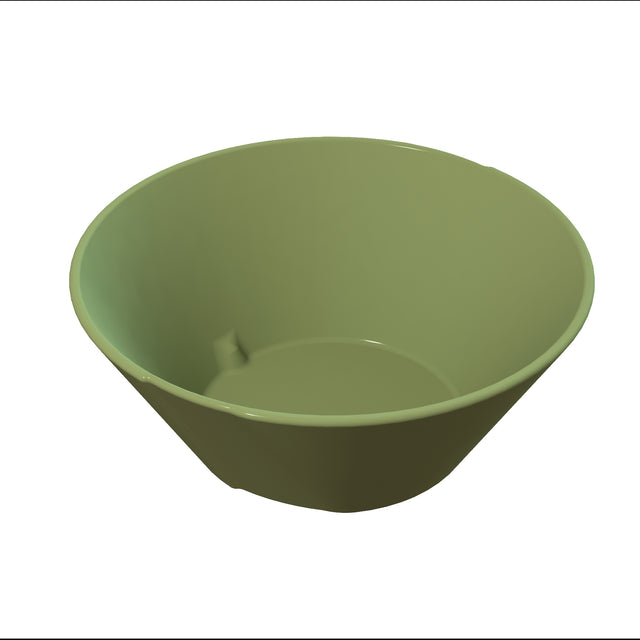 A green, round, plastic bowl with smooth sides and a matte finish, shown from a slightly elevated angle on a white background. This dishwasher safe bowl features a plain interior and exterior, with no patterns or decorations.