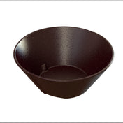 A dark brown, slightly textured, temperature resistant bowl with a wide rim and narrow base is shown on a white background. The smooth interior contrasts with the subtle sheen of the exterior, enhanced by lighting.