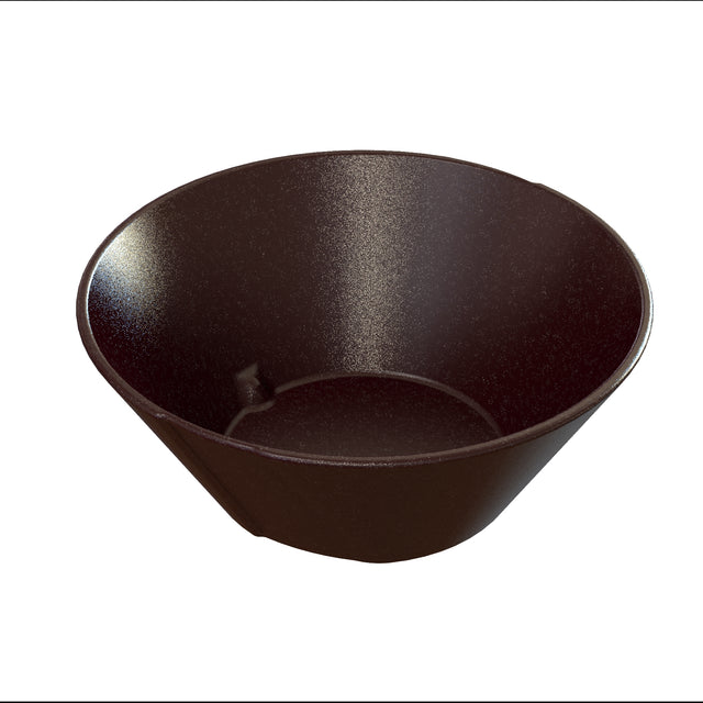 A dark brown, slightly textured, temperature resistant bowl with a wide rim and narrow base is shown on a white background. The smooth interior contrasts with the subtle sheen of the exterior, enhanced by lighting.