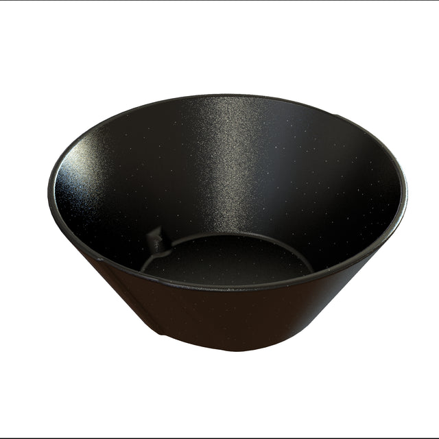 A black, round temperature resistant bowl with smooth sides and a slightly glossy finish. The bowl is empty and photographed against a white background, with light reflecting off its dishwasher safe surfaces.
