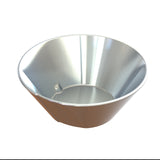 A shiny, metallic, conical-shaped cast aluminum bowl with smooth curved sides, a wide open top, and a flat base. Its seamless, polished surfaces reflect light beautifully. This dishwasher safe bowl adds style and utility to any setting.