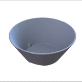 A plain, empty, gray plastic cup is shown against a white background. The cup has smooth sides, a wide circular opening at the top, and a narrower round base at the bottom. The surface is unmarked and dishwasher safe.