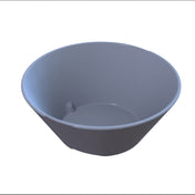 A plain, empty, gray plastic cup is shown against a white background. The cup has smooth sides, a wide circular opening at the top, and a narrower round base at the bottom. The surface is unmarked and dishwasher safe.