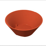 A plain, empty, orange plastic bowl with smooth sides and a wide opening, photographed from a slightly elevated angle against a white background. This dishwasher safe bowl features a simple, glossy finish and has no decorations or markings.