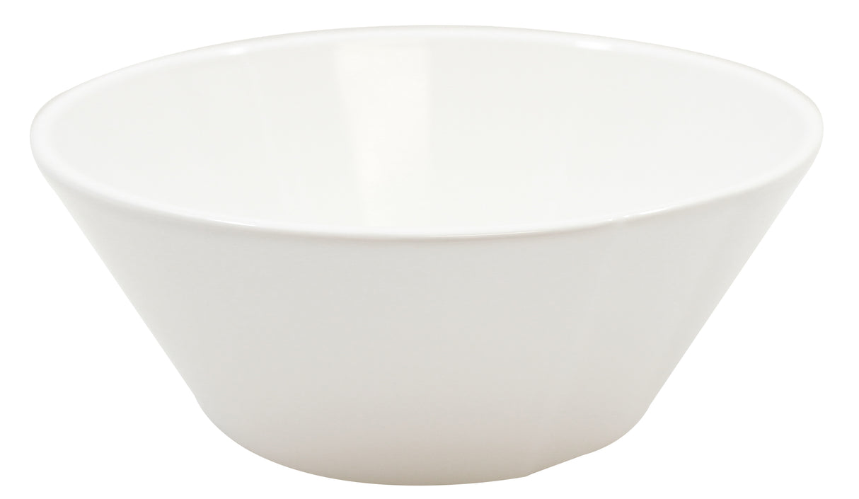 A plain, white, round bowl with smooth sides and a slightly flared rim is shown against a white background. The glossy cast aluminum bowl appears empty and is dishwasher safe for easy cleaning.