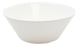A plain, white, round bowl with smooth sides and a slightly flared rim is shown against a white background. The glossy cast aluminum bowl appears empty and is dishwasher safe for easy cleaning.