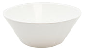 A plain, white, round bowl with smooth sides and a slightly flared rim is shown against a white background. The glossy cast aluminum bowl appears empty and is dishwasher safe for easy cleaning.