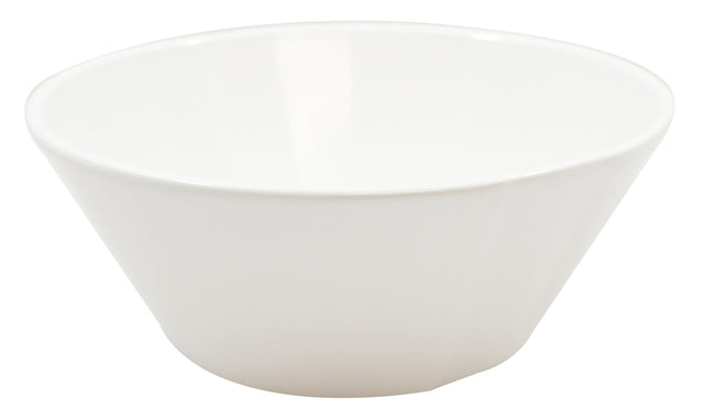 A plain, white, round bowl with smooth sides and a slightly flared rim is shown against a white background. The glossy cast aluminum bowl appears empty and is dishwasher safe for easy cleaning.