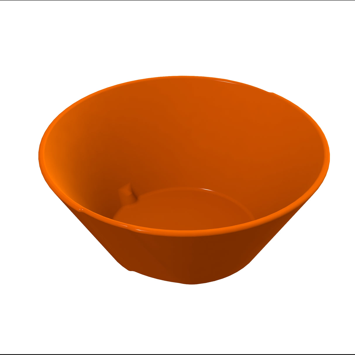 A bright orange plastic bowl-shaped bucket with smooth sides and no handle, viewed from above and slightly to the side, set against a plain white background. The inside and rim of the bucket are visible.