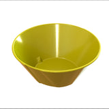 A shiny, lime-green plastic bowl with smooth sides and a wide rim sits on a plain white background. The bowl is empty, clean, dishwasher safe, and its glossy surface gleams with reflected light.