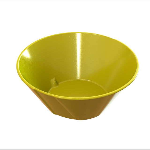 A shiny, lime-green plastic bowl with smooth sides and a wide rim sits on a plain white background. The bowl is empty, clean, dishwasher safe, and its glossy surface gleams with reflected light.