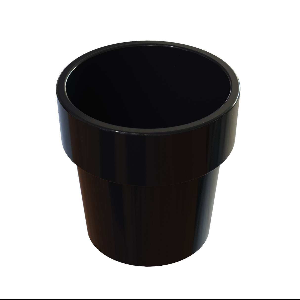 A shiny black cylindrical plastic cup with a wide, smooth rim and slightly tapered sides, shown on a white background. Perfect as a dishwasher safe condiment crock, its reflective surface features visible highlights.