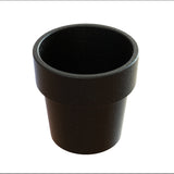 A black, cylindrical planter pot with a slightly wider lip at the top, crafted from cast aluminum with a matte, slightly speckled texture. It is empty and set against a plain white background, lit from above with faint shadows inside and around the pot.