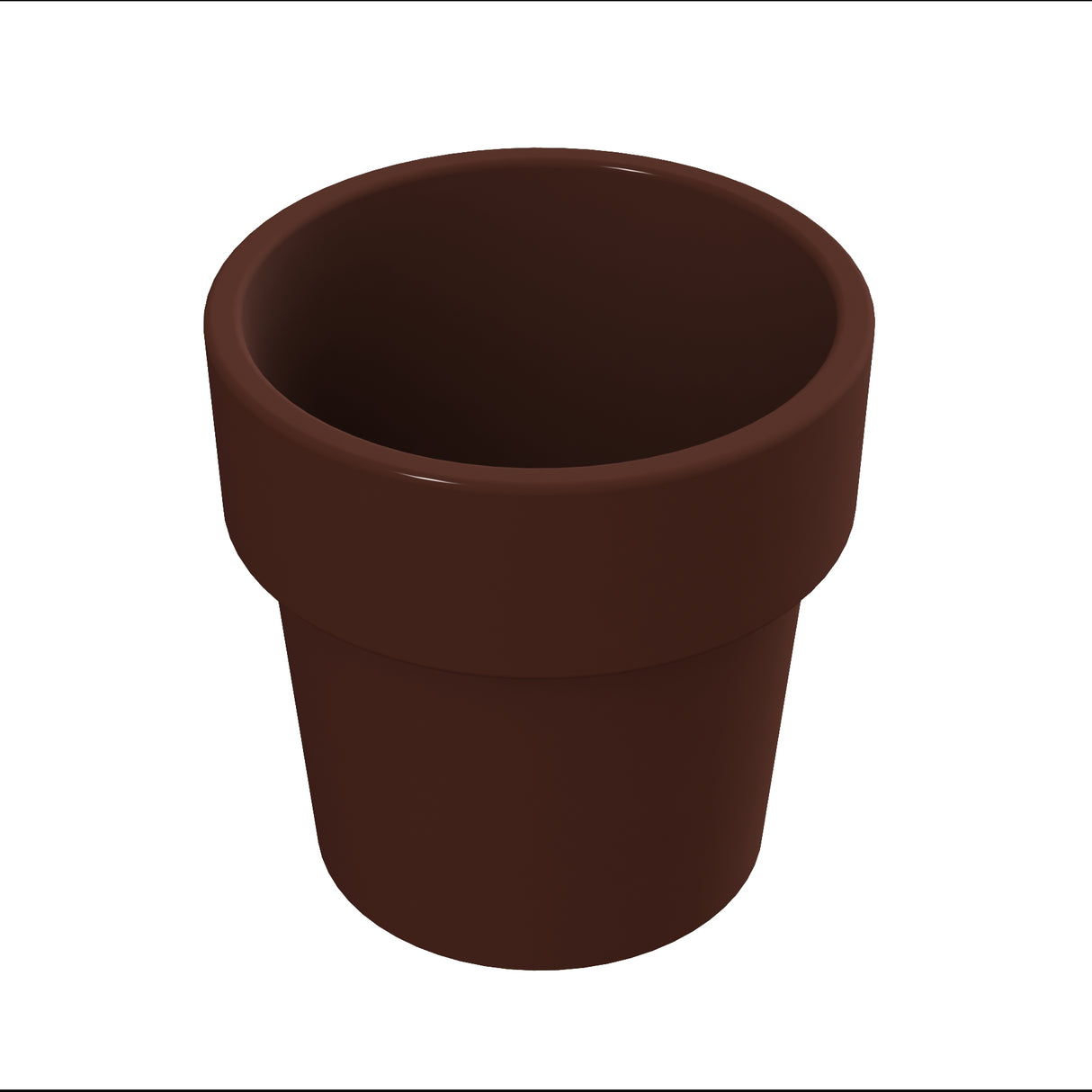 A simple, empty, brown flower pot made of plastic or clay is shown against a white background. With a wide rim and a slightly tapered cylindrical shape, it resembles a traditional condiment crock in its classic simplicity.