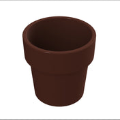 A simple, empty, brown flower pot made of plastic or clay is shown against a white background. With a wide rim and a slightly tapered cylindrical shape, it resembles a traditional condiment crock in its classic simplicity.