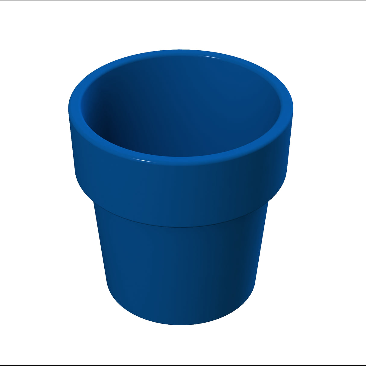 A 3D-rendered cobalt blue flower pot with a wide rim and tapered sides, shown on a plain white background. The pot is empty and glossy, with light reflecting off its smooth surface.