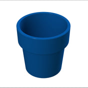 A 3D-rendered cobalt blue flower pot with a wide rim and tapered sides, shown on a plain white background. The pot is empty and glossy, with light reflecting off its smooth surface.