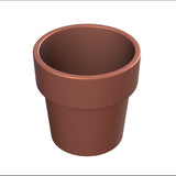 A plain, empty, brown terracotta flower pot viewed from a slight angle above, set against a white background. The pot has a wide rim and smooth surface, resembling a traditional tapered condiment crock.