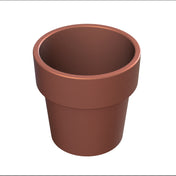 A plain, empty, brown terracotta flower pot viewed from a slight angle above, set against a white background. The pot has a wide rim and smooth surface, resembling a traditional tapered condiment crock.