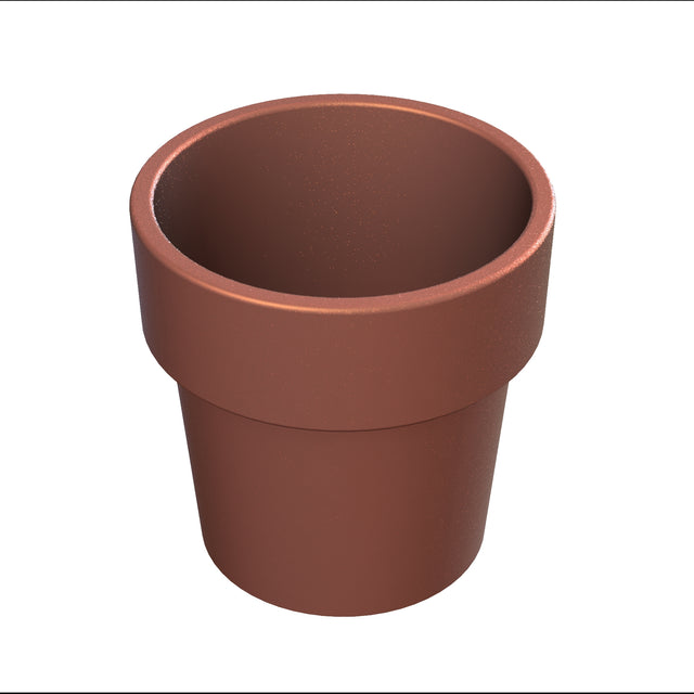 A plain, empty, brown terracotta flower pot viewed from a slight angle above, set against a white background. The pot has a wide rim and smooth surface, resembling a traditional tapered condiment crock.