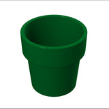 A 3D illustration of a green, cylindrical flower pot with a wide rim, shown on a white background. The empty pot has a smooth, glossy surface and resembles a Mario pipe, but looks sturdy enough to be a cast aluminum condiment crock.
