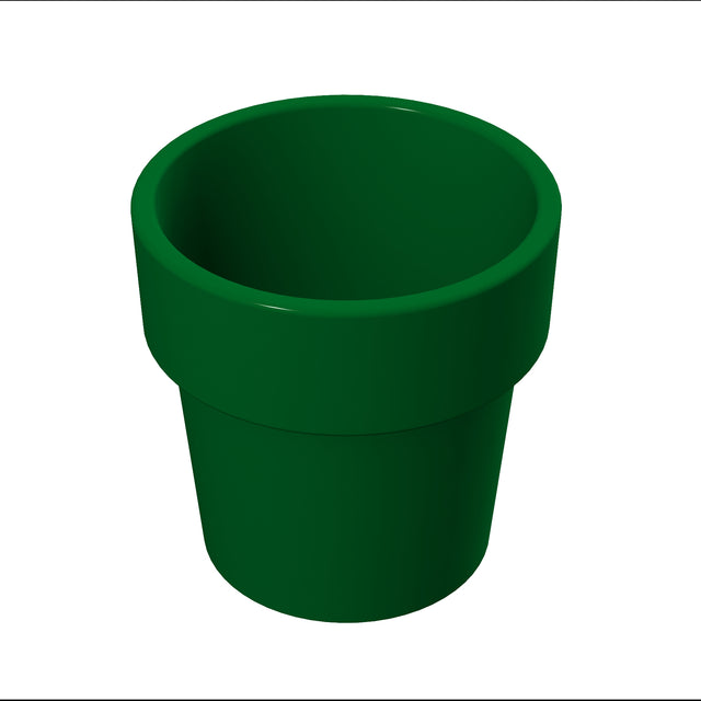 A 3D illustration of a green, cylindrical flower pot with a wide rim, shown on a white background. The empty pot has a smooth, glossy surface and resembles a Mario pipe, but looks sturdy enough to be a cast aluminum condiment crock.