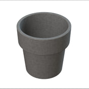 A plain, empty, gray plant pot with a wide rim and a smooth, slightly tapered cylindrical shape, photographed against a white background. The pot is crafted from cast aluminum with a matte finish and no visible decorations or markings.