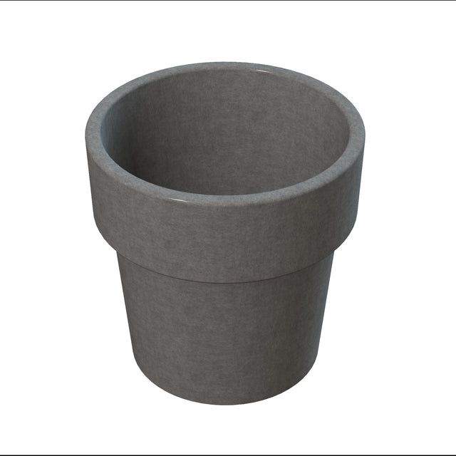 A plain, empty, gray plant pot with a wide rim and a smooth, slightly tapered cylindrical shape, photographed against a white background. The pot is crafted from cast aluminum with a matte finish and no visible decorations or markings.