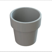 A shiny, smooth, gray cylindrical plastic cup with a wide rim and straight sides, shown against a white background. The cup appears empty, has a slightly thickened lip at the top, and is dishwasher safe for easy cleaning.