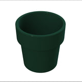 A dark green, empty, round flower pot with a wide rim sits on a white background. The pot tapers down toward the base and features a smooth finish reminiscent of cast aluminum or ceramic material.