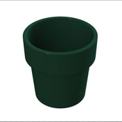 A dark green, empty, round flower pot with a wide rim sits on a white background. The pot tapers down toward the base and features a smooth finish reminiscent of cast aluminum or ceramic material.