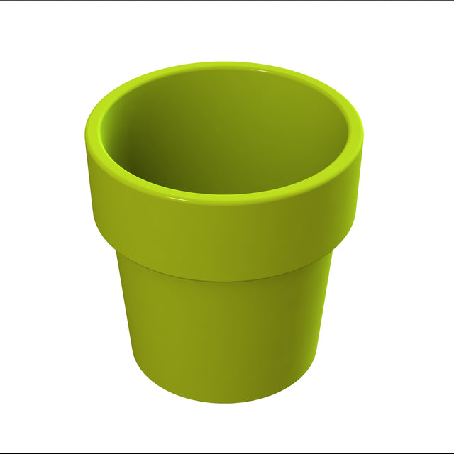 A 3D-rendered, bright green, cylindrical flower pot with a wide rim is shown on a white background. Reminiscent of a condiment crock, the glossy surface and smooth, rounded edges evoke cast aluminum kitchenware simplicity.