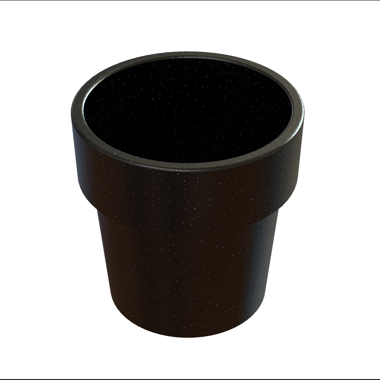 A black, empty flower pot with a slightly flared rim, viewed from above at an angle. Made from durable cast aluminum, the pot is speckled with tiny white dots for a starry look. The background is plain white.