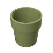 A 3D rendering of a simple, empty, olive-green flower pot with a wide rim. The pot has a smooth surface and classic tapered shape, resembling a stylish cast aluminum condiment crock, set against a plain white background.