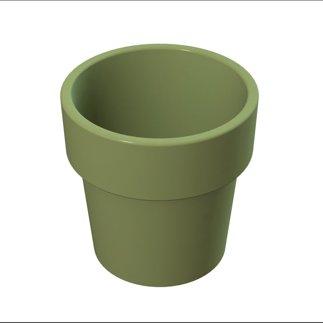 A 3D rendering of a simple, empty, olive-green flower pot with a wide rim. The pot has a smooth surface and classic tapered shape, resembling a stylish cast aluminum condiment crock, set against a plain white background.