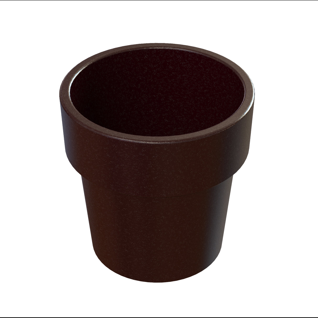A dark brown, empty, round plant pot with a slightly flared rim. Made of smooth cast aluminum, it's viewed from a slightly angled top-down perspective against a plain white background.