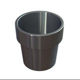 A 3D-rendered image of a dark gray, cast aluminum cylindrical cup with a wide, smooth rim and slightly tapered sides, shown on a white background. The polished surface is reflective and shiny, and the cup is dishwasher safe.