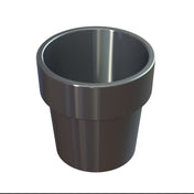 A 3D-rendered image of a dark gray, cast aluminum cylindrical cup with a wide, smooth rim and slightly tapered sides, shown on a white background. The polished surface is reflective and shiny, and the cup is dishwasher safe.